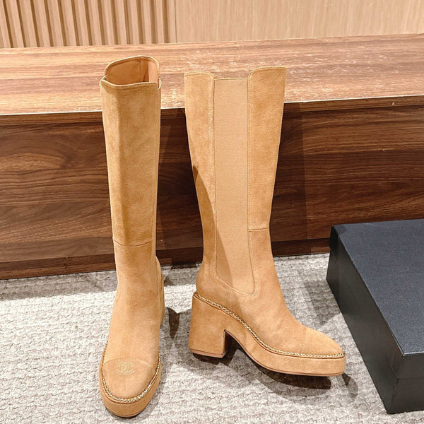 CC 25 Chelsea High Boots With Chain 85mm Beige Suede 428214