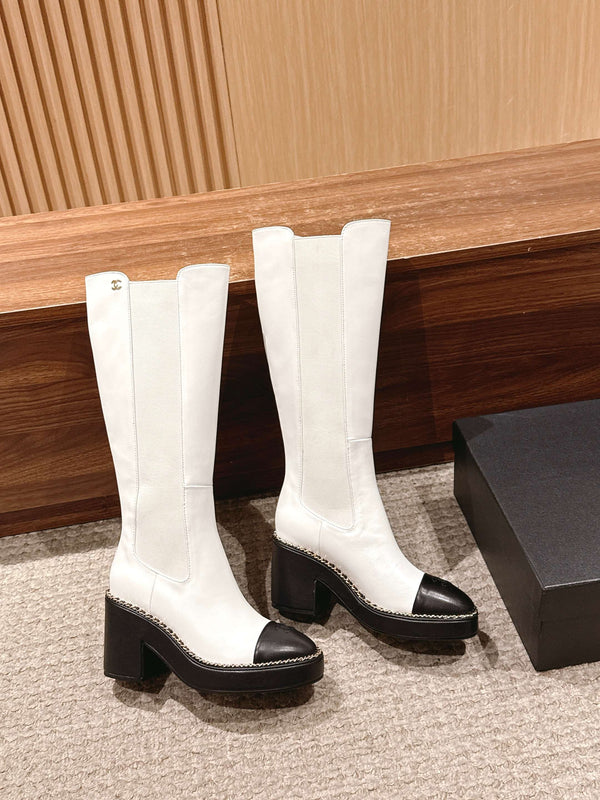 CC 25 Chelsea High Boots With Chain 85mm Black White Calfskin 428215