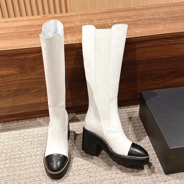 CC 25 Chelsea High Boots With Chain 85mm Black White Calfskin 428215