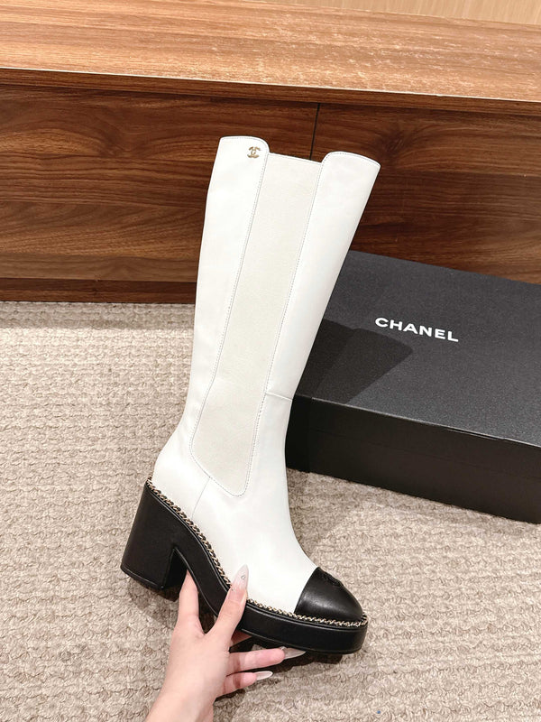 CC 25 Chelsea High Boots With Chain 85mm Black White Calfskin 428215