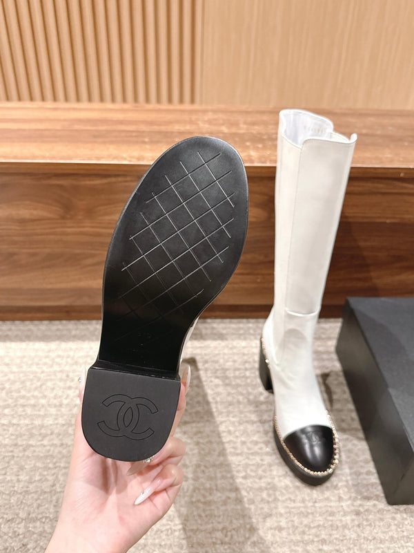 CC 25 Chelsea High Boots With Chain 85mm Black White Calfskin 428215