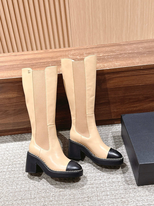 CC 25 Chelsea High Boots With Chain 85mm Black Beige Calfskin 428216