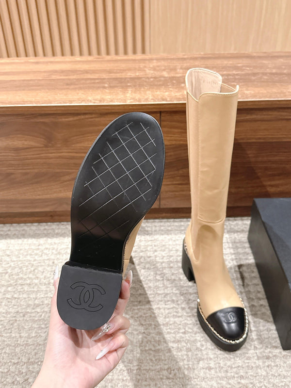 CC 25 Chelsea High Boots With Chain 85mm Black Beige Calfskin 428216