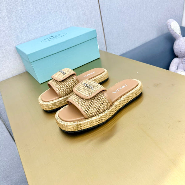 PRA CROCHET SLIDES SLIPPERS BEIGE RAFFIA