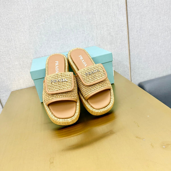 PRA CROCHET SLIDES SLIPPERS BEIGE RAFFIA