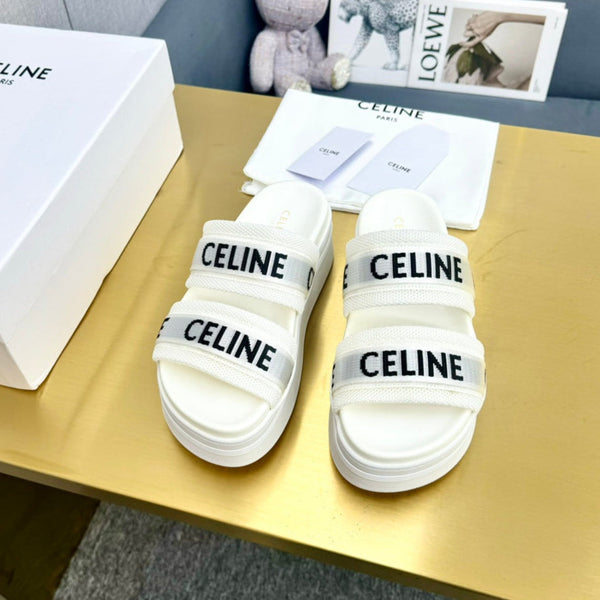 Celine Flatform Dad Sandal Mule White Fabric with Rubber 238141