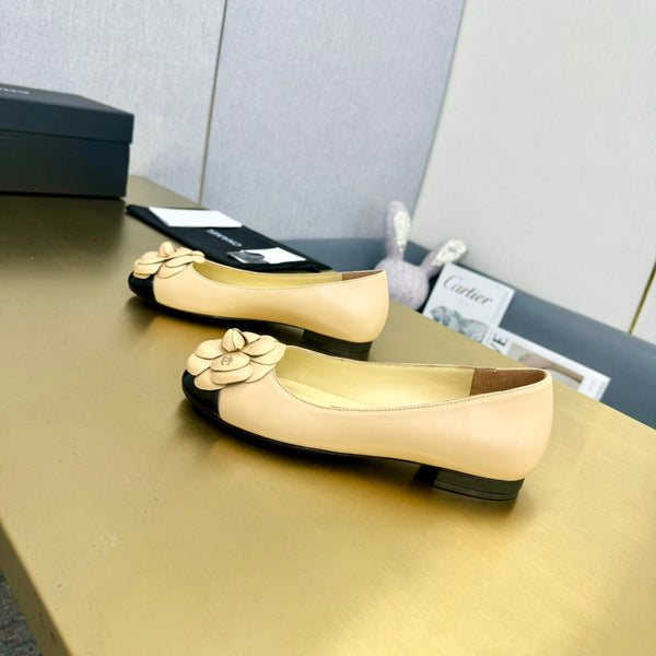 CC 25P Ballet Flat Flower Beige Calfskin Black Patent Calfskin