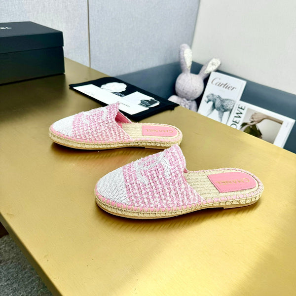 espadrilles mule pink white tweed cotton white sequin