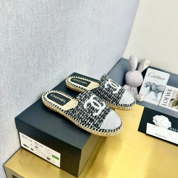 espadrilles mule black white tweed white sequin