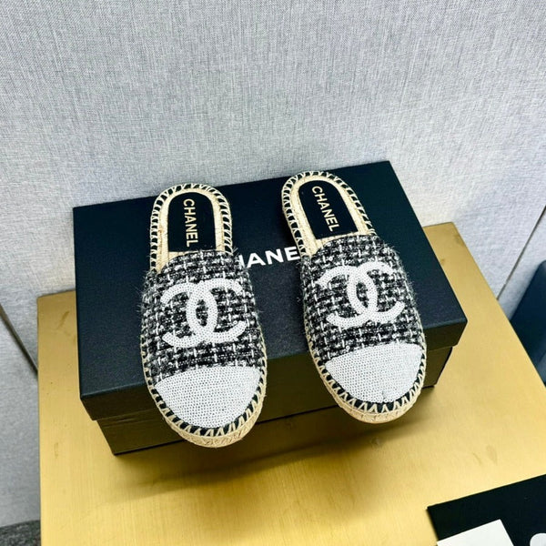 espadrilles mule black white tweed white sequin