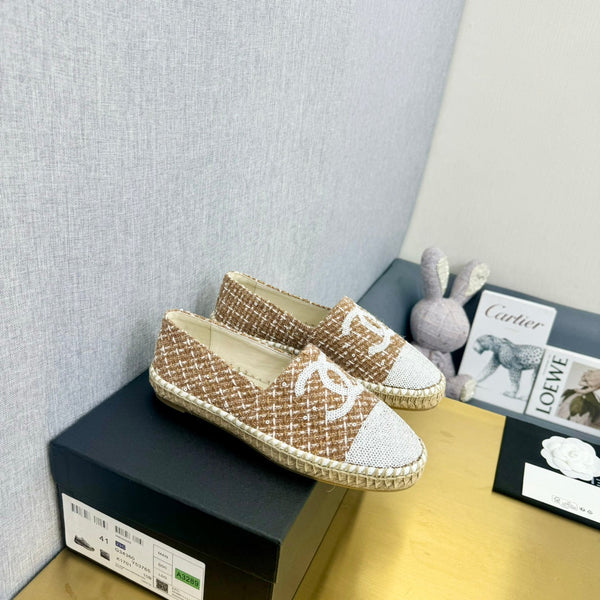 espadrilles brown tweed white sequin