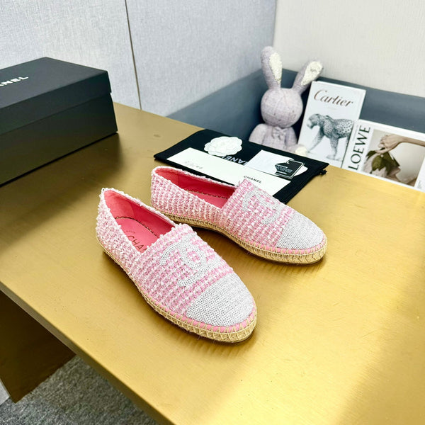 espadrilles pink white tweed cotton white sequin