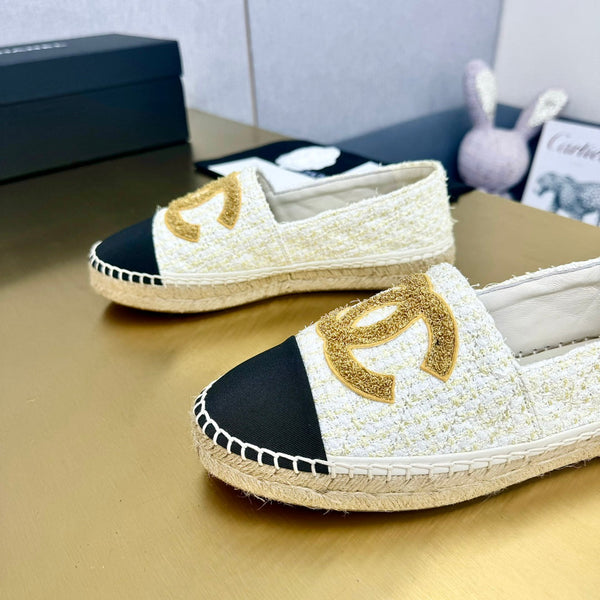 espadrilles yellow white tweed black grosgrain