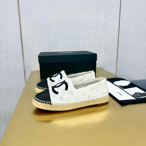 espadrilles white tweed cotton black grosgrain