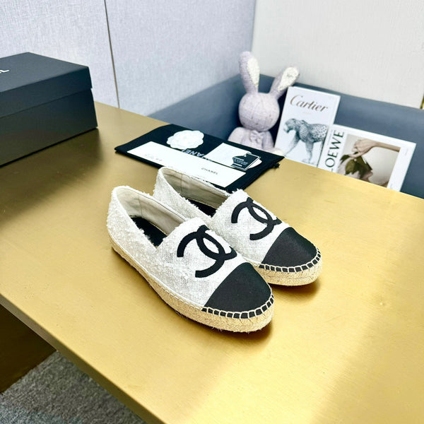 espadrilles white tweed cotton black grosgrain