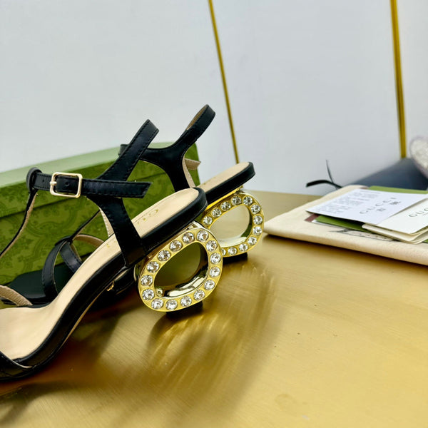 MEDIUM-HEEL SANDAL IN BLACK CALFSKIN WITH RHINSTONES