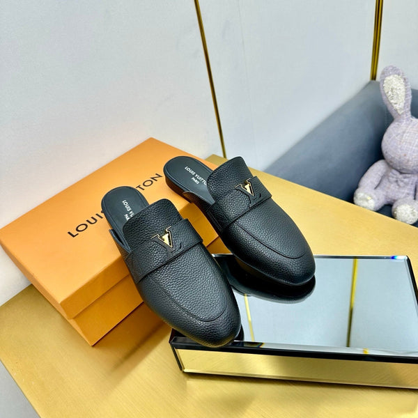 LV 25C LV Capri Open Back Loafer Black Wrinkled Cowhide 219926