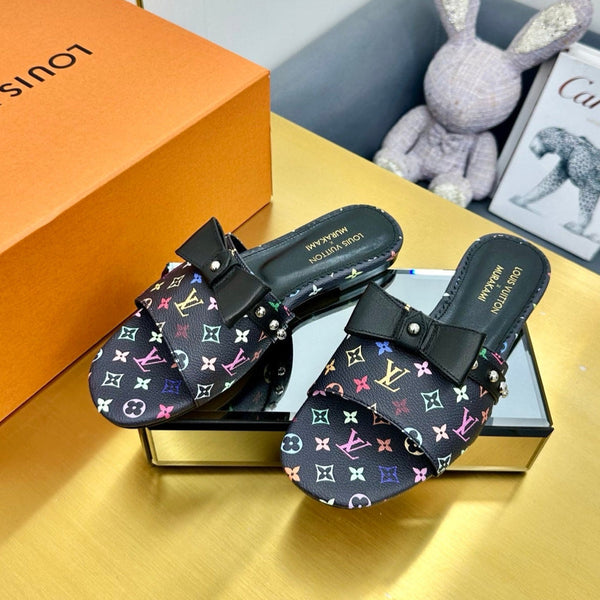 LV 25C LV x TM 6AM Flat Mule Black Bow Nero con Monogramma Multicolore Pelle 219950