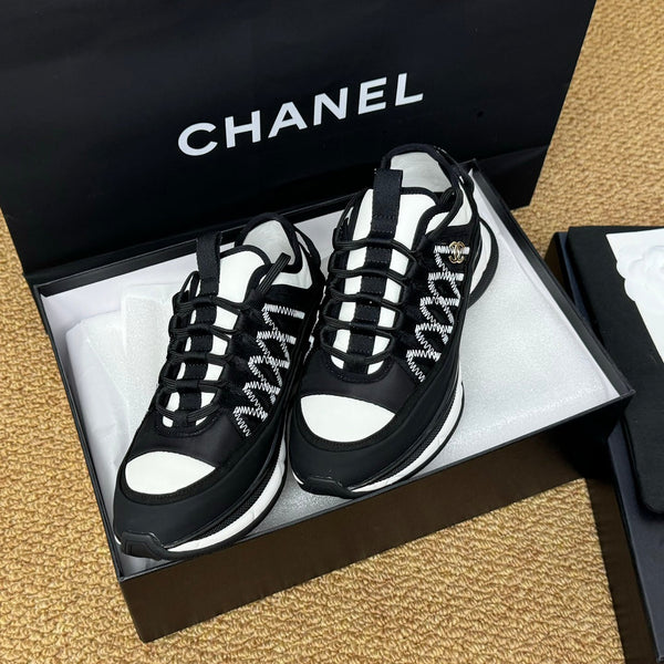 CC Sneaker Black Mix White Calfskin And Silk Parachute Fabric 947509