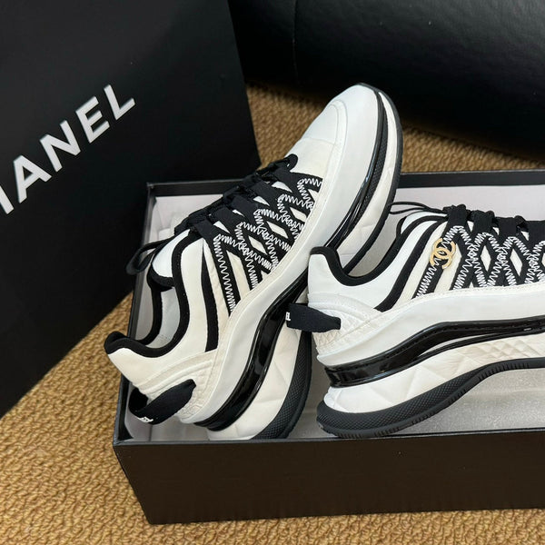 CC Sneaker White Mix Black Calfskin And Silk Parachute Fabric 947510