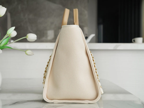 TOTE BAG 39 ATTACHED PEARL LOGO IN BEIGE CANVAS GOLD HARDWARE