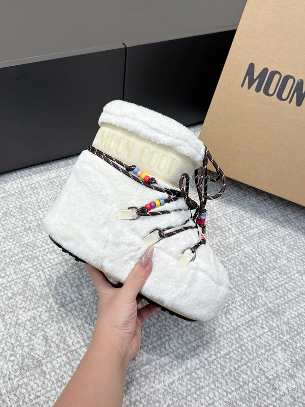 Moon Boot Icon Low Faux Fur White with Beaded Brown Laces 515590