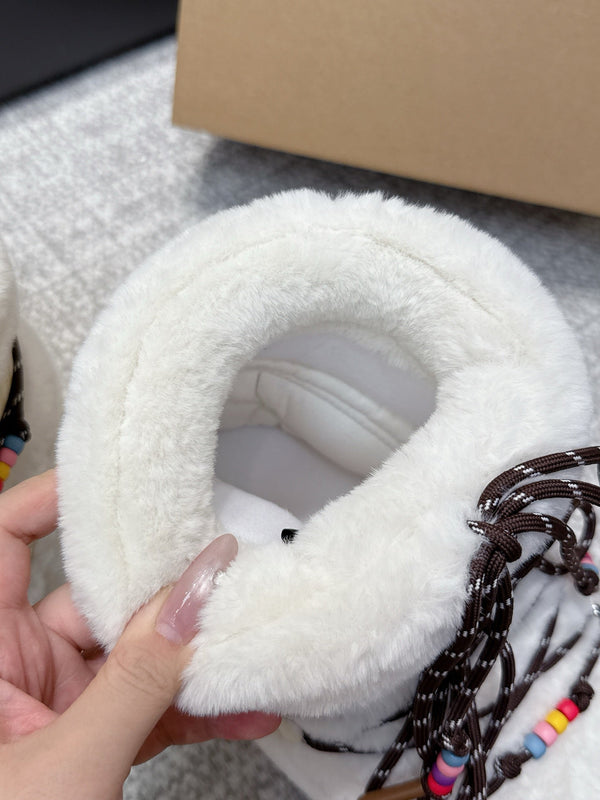 Moon Boot Icon Low Faux Fur White with Beaded Brown Laces 515590