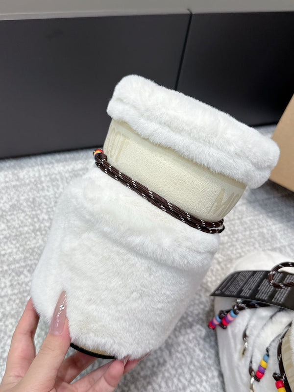 Moon Boot Icon Low Faux Fur White with Beaded Brown Laces 515590