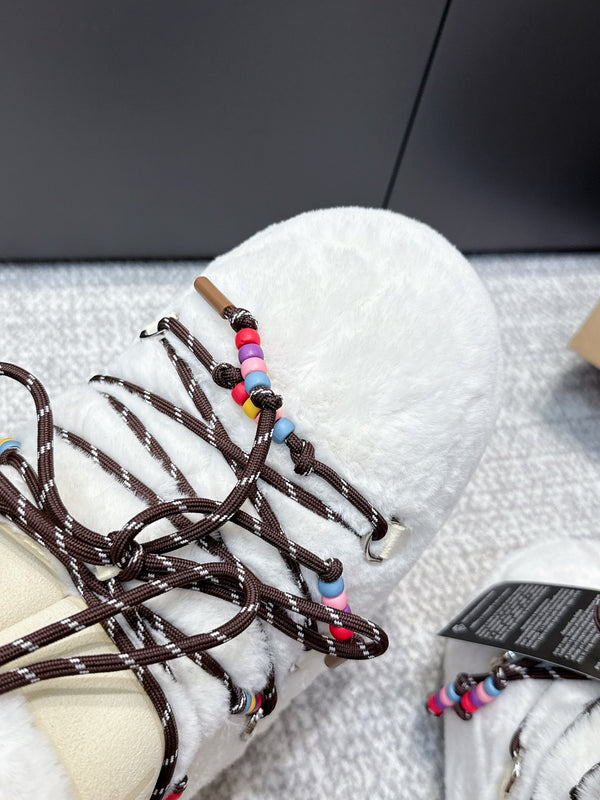 Moon Boot Icon Low Faux Fur White with Beaded Brown Laces 515590