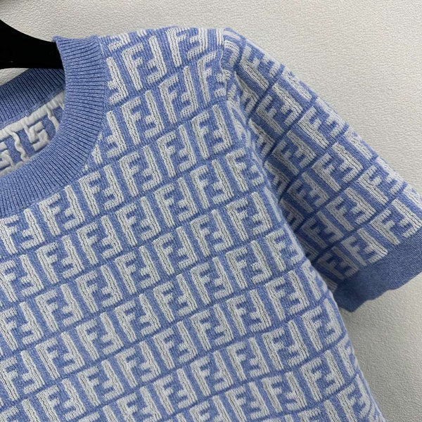 Fendi 25 Knitted Round Neck Short Sleeves Blue Wool F155