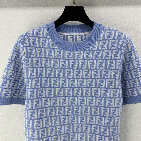 Fendi 25 Knitted Round Neck Short Sleeves Blue Wool F155