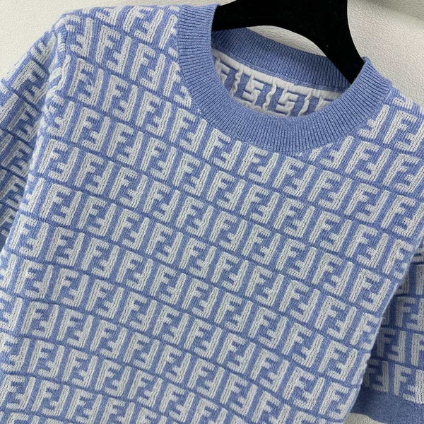 Fendi 25 Knitted Round Neck Short Sleeves Blue Wool F155