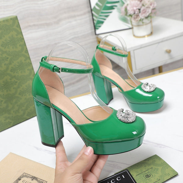 platform pump with double g green patent leather