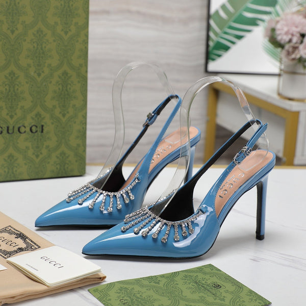 GG CRYSTAL HIGH HEEL SANDAL CERULEAN LAMBSKIN