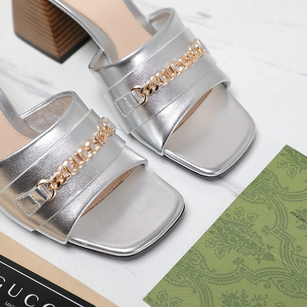 GG High Heels Half Slippers Silver