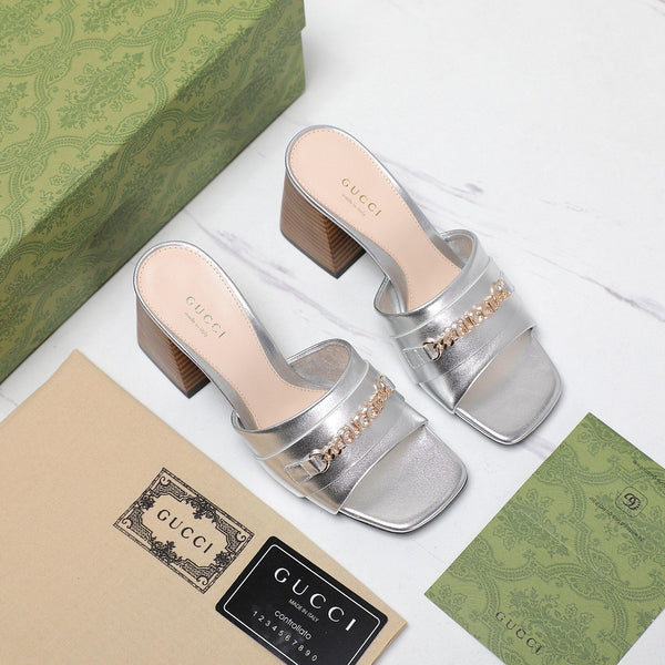 GG High Heels Half Slippers Silver
