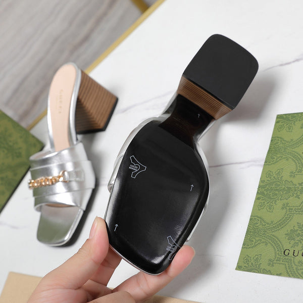 GG High Heels Half Slippers Silver