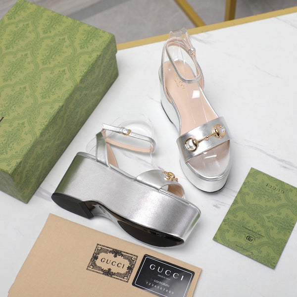 GG  Horsebit Wedges Sandals Silver
