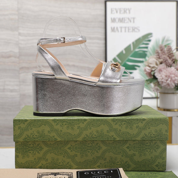 GG  Horsebit Wedges Sandals Silver