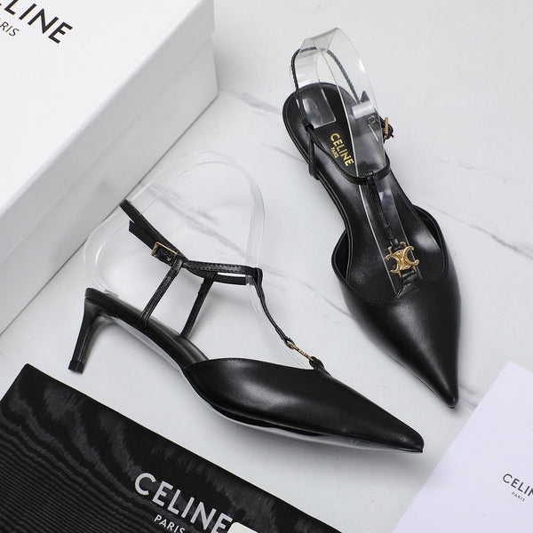 HIGH 5 CM SLINGBACK IN BLACK CALFSKIN WITH GOLD LOGO