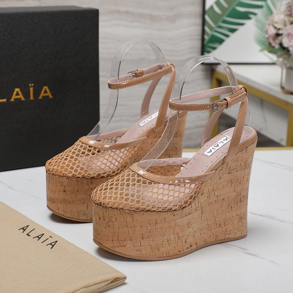 SANDALO ALAIA CON ZEPPA IN RETE BEIGE FRANCESE E GOMMA BEIGE
