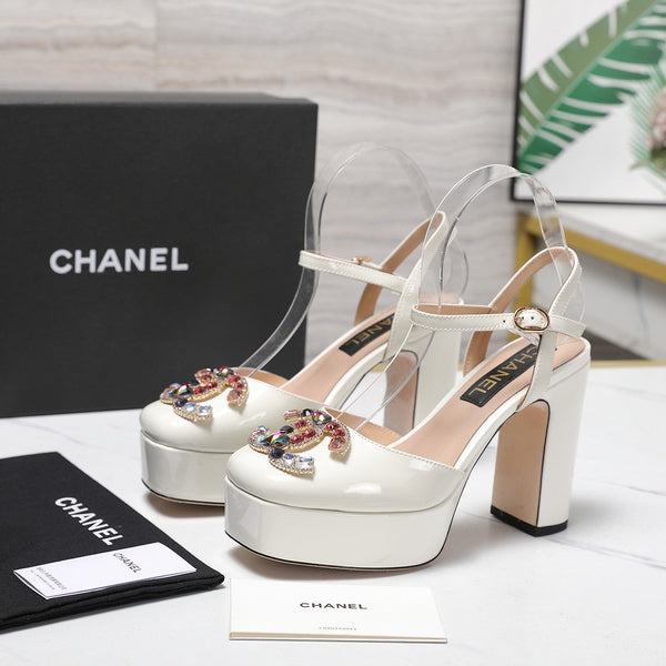 CC 25s Multicolor Stones Buckle Sandals 110mm White Patent Leather & Sheepskin 425825