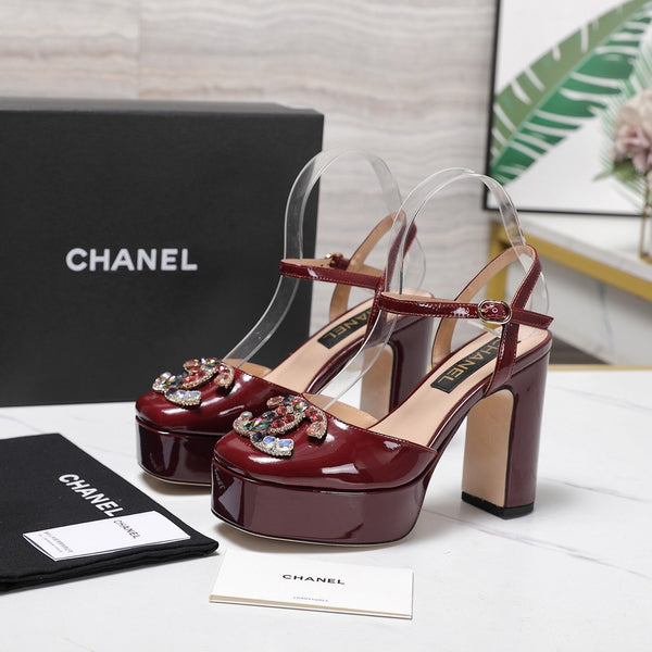 CC 25s Multicolor Stones Buckle Sandals 110mm Burgundy Patent Leather & Sheepskin 425826