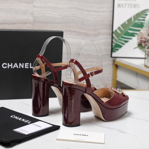 CC 25s Multicolor Stones Buckle Sandals 110mm Burgundy Patent Leather & Sheepskin 425826