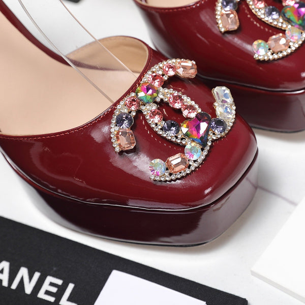 CC 25s Multicolor Stones Buckle Sandals 110mm Burgundy Patent Leather & Sheepskin 425826