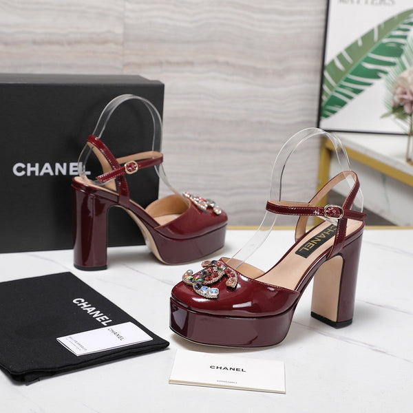 CC 25s Multicolor Stones Buckle Sandals 110mm Burgundy Patent Leather & Sheepskin 425826