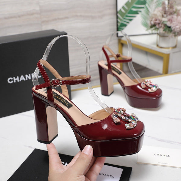 CC 25s Multicolor Stones Buckle Sandals 110mm Burgundy Patent Leather & Sheepskin 425826