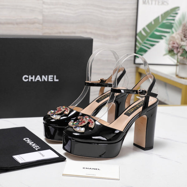 CC 25s Multicolor Stones Buckle Sandals 110mm Black Patent Leather & Sheepskin 425827