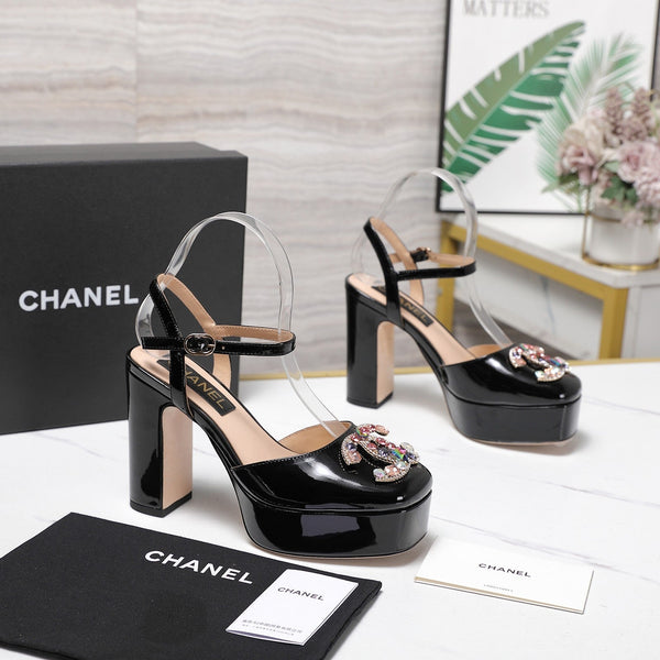 CC 25s Multicolor Stones Buckle Sandals 110mm Black Patent Leather & Sheepskin 425827