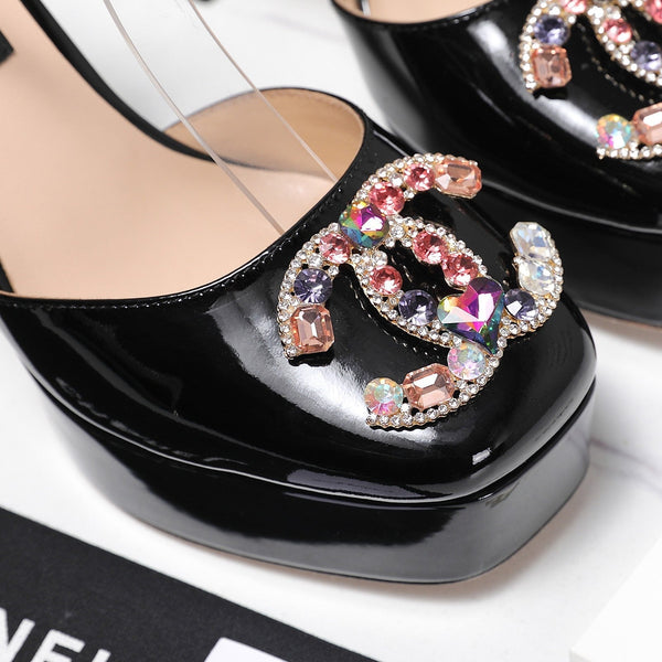 CC 25s Multicolor Stones Buckle Sandals 110mm Black Patent Leather & Sheepskin 425827